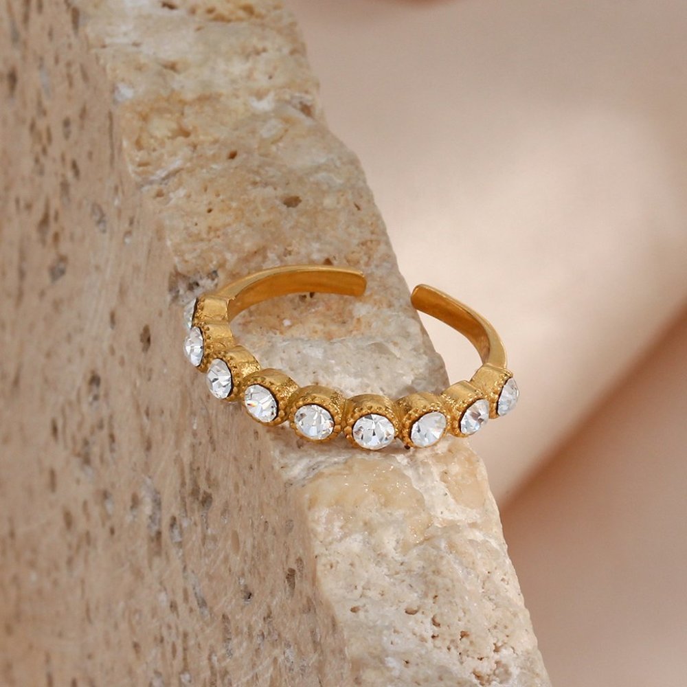Vintage Sparkly Zircon 18K Gold Plated Adjustable Ring Stainless Steel - Picture 8 of 10